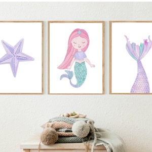 Baby, Girl Nursery and Bedroom Wall Art, Mermaid Print, Under the sea, starfish Print, Set of 3 prints. Girl room decor, Baby art, 225