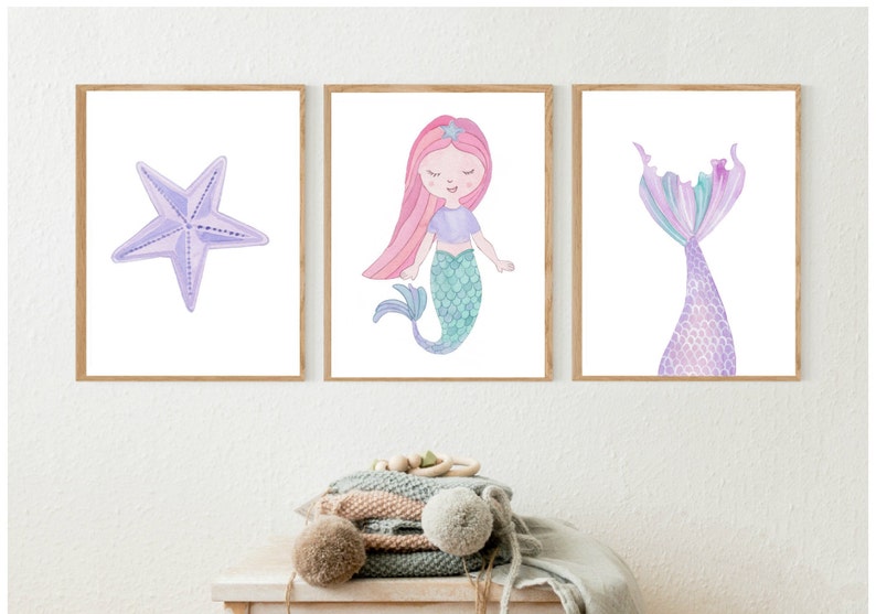 Baby, Girl Nursery and Bedroom Wall Art, Mermaid Print, Under the sea, starfish Print, Set of 3 prints. Girl room decor, Baby art, 225 image 1