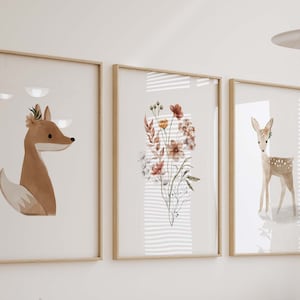 Boho Woodland Watercolor Prints, Floral Animal Nursery Wall Art, Girl&#39;s Room Decor, Set of 3 Art Prints Shipped, 219