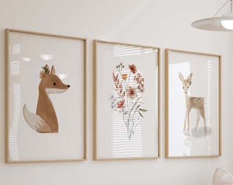 Boho Woodland Watercolor Prints, Floral Animal Nursery Wall Art, Girl's Room Decor, Set of 3 Art Prints Shipped, 219