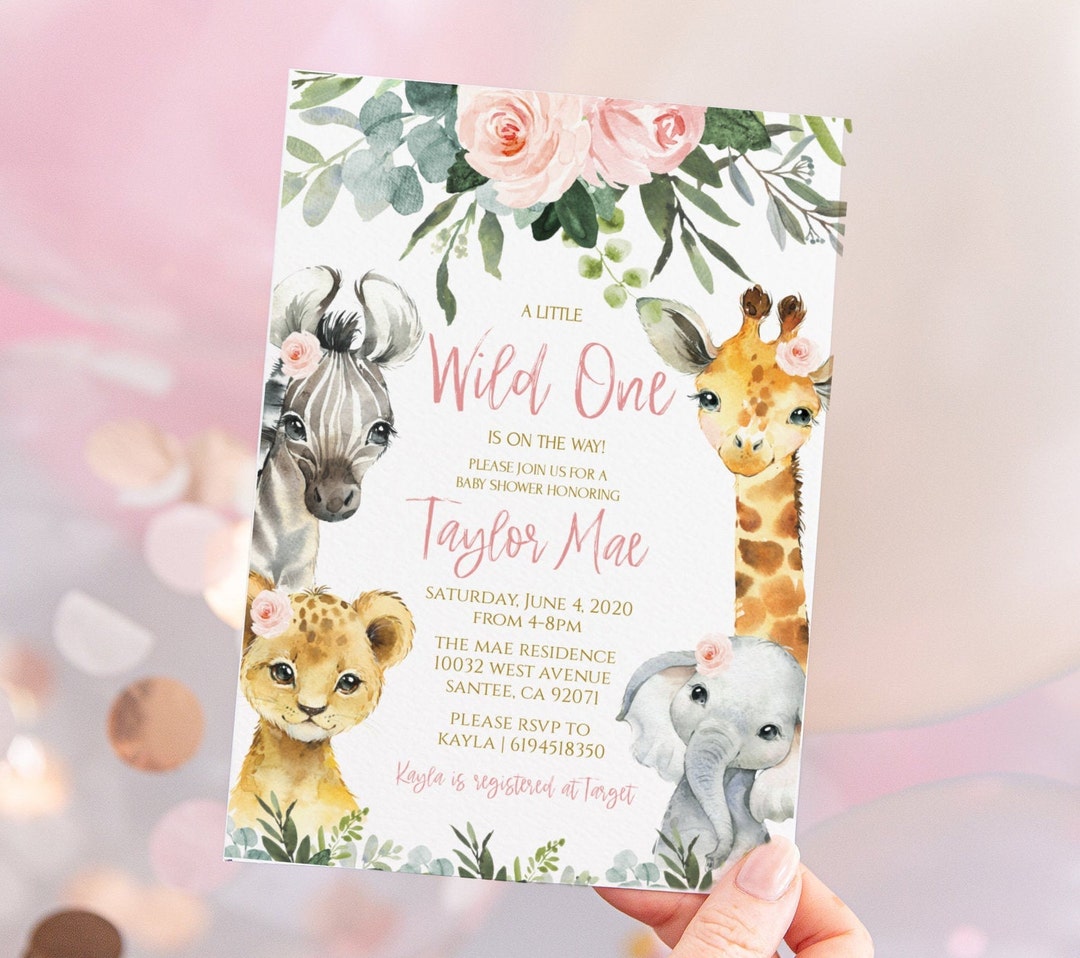 Girl Safari Animal Baby Shower Invitation Greenery. Wild One Invite ...