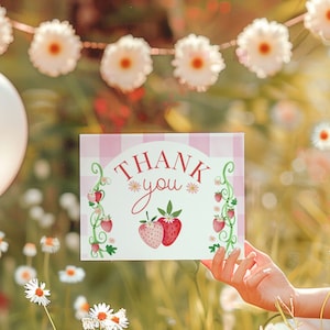 Tarjeta de agradecimiento de fresa, primera fiesta de cumpleaños de Berry, primer cumpleaños rosa gracias, verano, plantilla editable. baya200