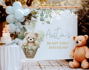 Beary First Birthday Backdrop, Bear first birthday, Personalized party sign, Printed Backdrop, Birthday Decor, Photo prop, Bear300