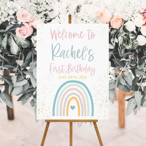 Pastel Rainbow Birthday Welcome Sign, first birthday party, Printable first birthday party decor, R003