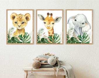 Lot de 3 imprimés animaux safari tropical, décoration murale pour chambre de bébé, animaux de la jungle aquarelle, téléchargement numérique, cadeau de baby shower, thème imprimable N001