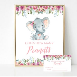 Hoeveel pinda's spel, roze raad eens hoeveel, baby shower pot met pinda's tellen, olifant thema, meisje baby shower spel, instant download, pm003