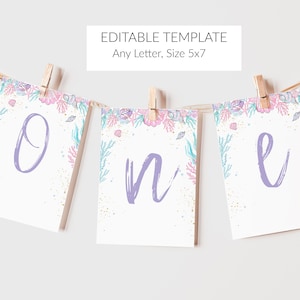 Banner imprimible de sirena editable- Primer cumpleaños/ Banner editable bajo el mar/Imprimible CUALQUIER CARTA /Decoración de fiesta de cumpleaños de niñas / M2021