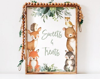 Woodland Animal Sweets and Treats sign, Dessert Table, Sage Greenery Gold, , baby shower table sign boy, Forest Animal baby shower, wood001