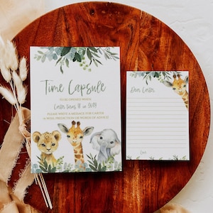 BEWERKBARE Safari tijdcapsule en bijpassende notitiekaarten, jungle dieren 1e verjaardag tijdcapsule, wilde eerste verjaardag, SAbday