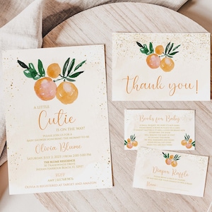 Kleine süße Babypartyeinladung Mädchen | Bearbeitbares orangefarbenes Einladungspaket | Einladung Vorlage | CC65
