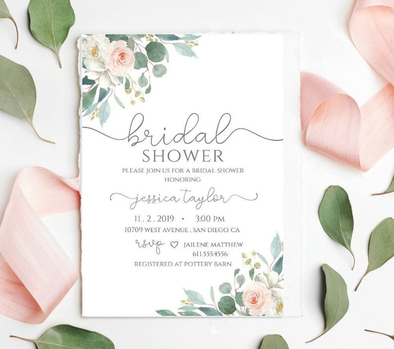 Floral greenery Bridal shower Invitation,Printable shower Invite Template, eucalyptus, blush pink, sage pmb001 