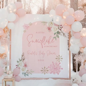 Snowflake Baby Shower Backdrop, Pink Winter Wonderland Floral Backdrop for Baby Shower, Merry Shower, Christmas Baby shower, 726