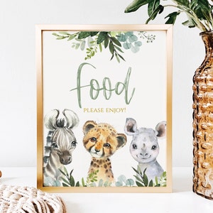Safari Jungle Animal food sign, food Station, Sage Greenery Gold, , baby shower table sign boy, zoo baby shower, SA2020