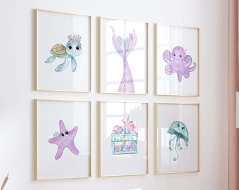 Mermaid Under The Sea Watercolor Prints, Set of 6 Nursery Wall Art, Girls Room Decor, Sea Turtle Octopus, Art Prints Shipped, 226