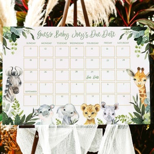 Safari Baby Shower Due Date Calendar. Wild one baby shower game, Jungle guess baby's due date .Animal editable baby prediction,SA2020