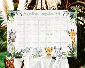 Calendario de fecha de vencimiento de Safari Baby Shower. Juego de baby shower Wild One, Jungle adivina la fecha de parto del bebé. Predicción de bebé editable con animales, SA2020