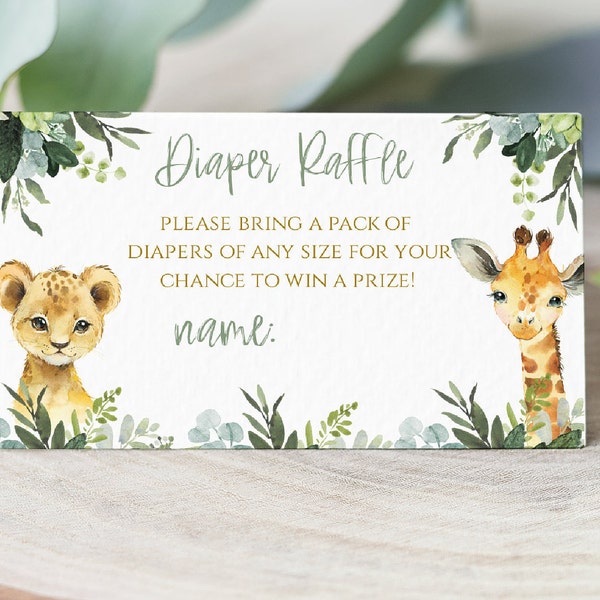 Safari Baby Shower Diaper Raffle, Jungle Animal greenery and gold, Zoo animal Diaper raffle, SA2020