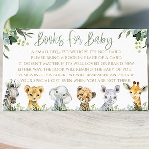 Safari Baby Shower Book Card, Jungle Animal Greenery and gold, Zoo book card Template, SA2020