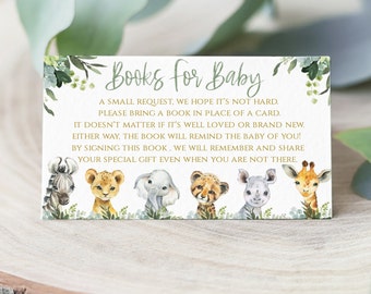 Biglietto per libro Safari Baby Shower, verde degli animali della giungla e oro, modello per biglietto per libro zoo, SA2020