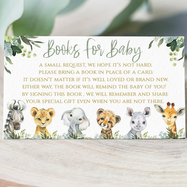 Safari Baby Shower Book Card, Jungle Animal Greenery and gold, Zoo book card Template, SA2020