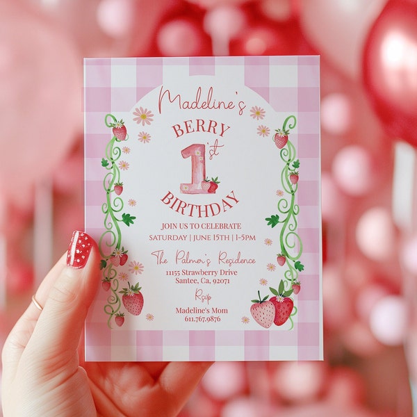 Strawberry First Birthday Invitation Girl, Berry First Birthday Party, Pink First Birthday Invitation, Summer, Editable Template. Berry200