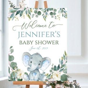Cartello di benvenuto per baby shower, ragazzo, elefante blu verde, baby shower, stampabile, cartello per baby shower, elefante floreale, BGE001