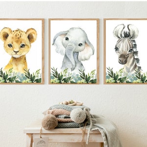 Safari Animal Prints Set of 3,Nursery Wall Decor,Watercolor Jungle Animals,Digital Download,Baby Shower Gift green,Printable Theme Idea N001