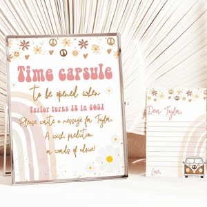 BEWERKBARE Retro Groovy ONE Time Capsule en bijpassende notitiekaarten, hippie busje afdrukbare Boho Rainbow, 1e verjaardag, GR001