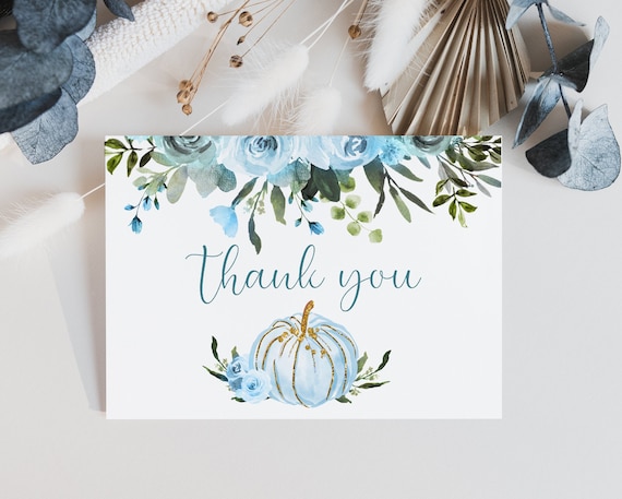 Pumpkin Baby Shower thank you Boy Blue Floral, Template, EDITABLE, Printable thank you card , Fall, A Little Pumpkin is on the Way, PB007