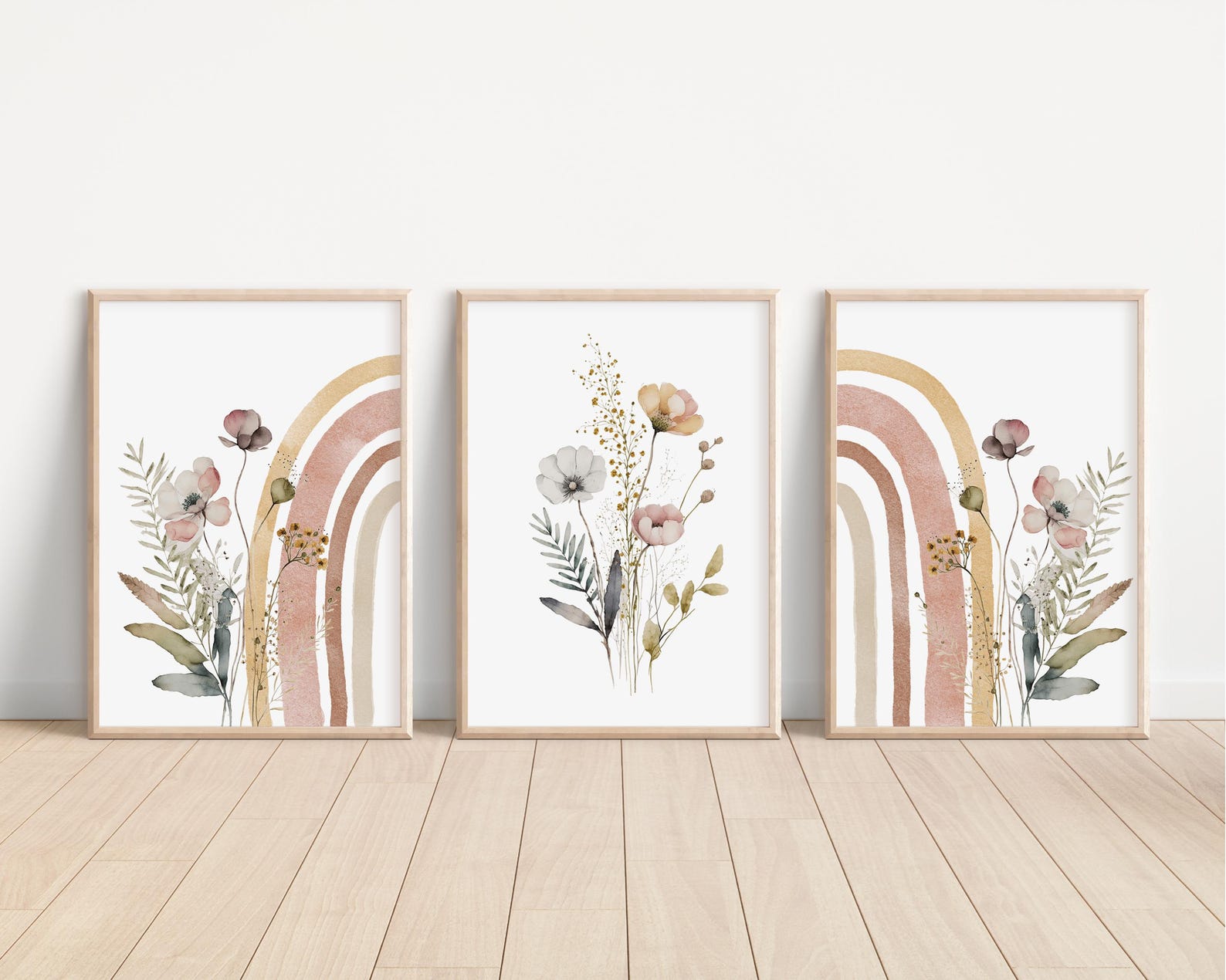 Boho Rainbow Wildflower Watercolor Prints, Floral Nursery Wall Art ...