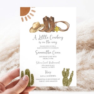 Modello di invito per baby shower cowboy / Invito stampabile per ragazzo del selvaggio West modificabile / Un piccolo cowboy è in arrivo / Western Baby Sprinkle,C213