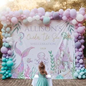 Pastel Mermaid Under the Sea Birthday Backdrop, Sea Animals