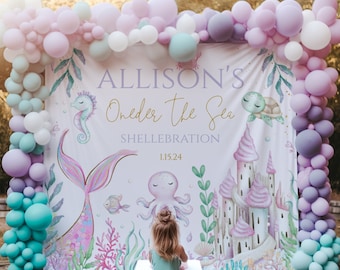 Pastel Mermaid Under The Sea Birthday Backdrop, Sea Animals, Personalized Oneder the sea sign, Printed Birthday Decor, Photo prop,751