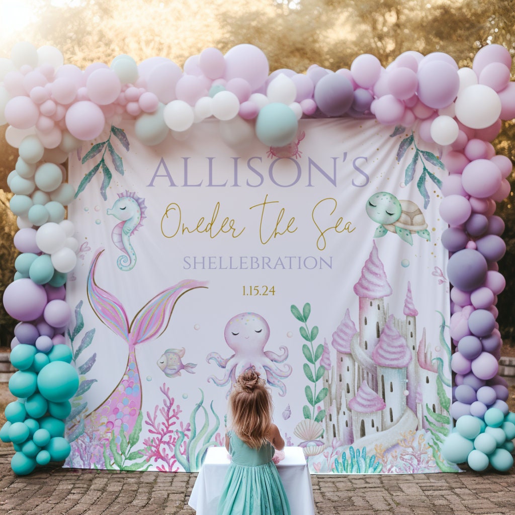 Pastel Mermaid Under The Sea Birthday Backdrop Sea Animals Personalized Oneder the sea sign Printed Birthday Decor Photo