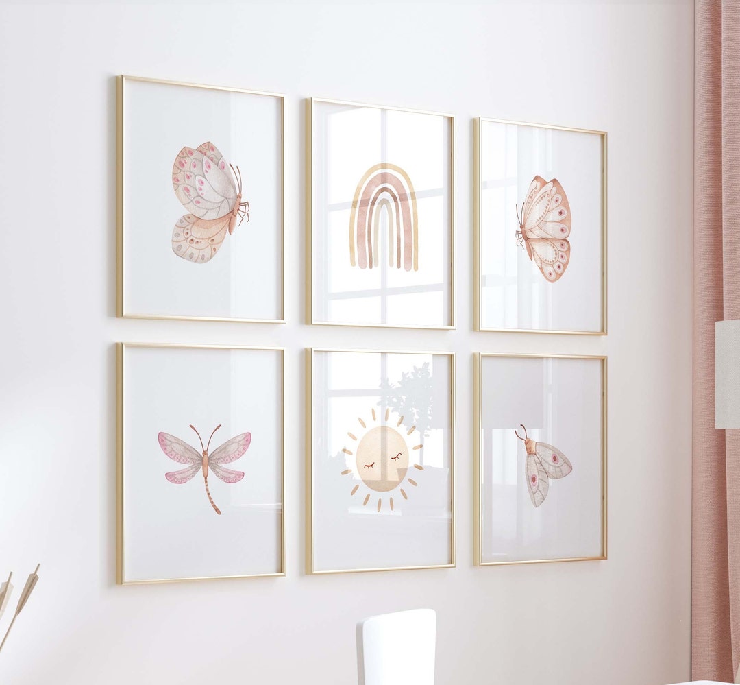 Set of 6 Blush Butterfly Nursery Wall Art Prints. Rainbow Nursery Decor