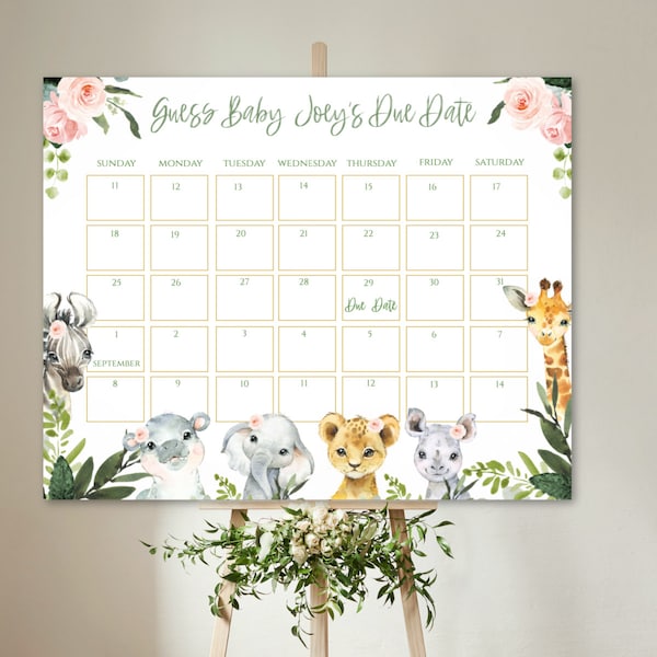 Safari Floral Baby Shower Due Date Calendar. Wild one baby shower game, Jungle guess baby's due date .Animal editable baby prediction,SA2021
