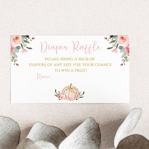Kürbis-Baby-Dusche-Windel-Verlosung, Floral rosa und gold, Herbst Herbst Vorlage, PP001