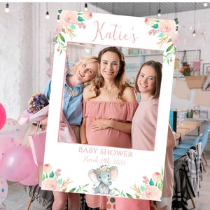 EDITABLE Baby Shower Photo Booth Frame, Template, Selfie Frame, floral Elephant Theme, Pink Blush Flowers, Printable, PM004