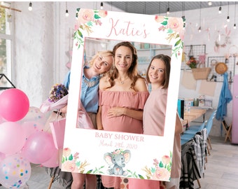 EDITABLE Baby Shower Photo Booth Frame, Template, Selfie Frame, floral Elephant Theme, Pink Blush Flowers, Printable, PM004