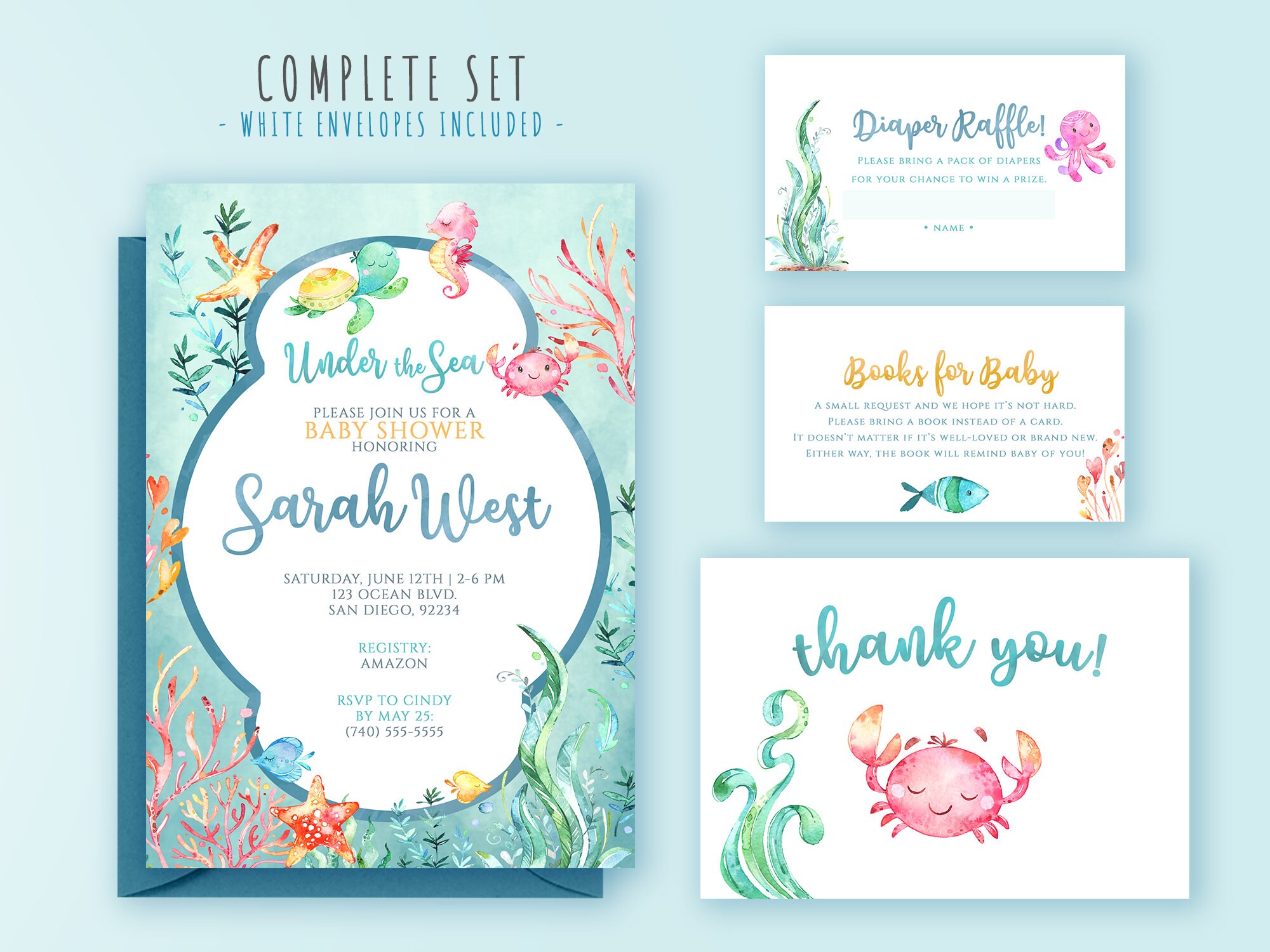 Under The Sea Baby Shower Invitation Template Ocean Theme Etsy