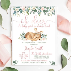 Wald-Babyparty-Einladung Mädchen, Hirsch-Babyparty-Einladung Blumen, Mädchen-rosa Rotwild-Babyparty-Einladung, Kitz-Baby-Dusche grün, PM045