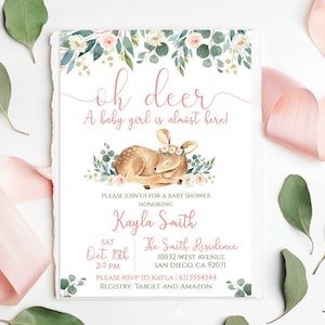 Woodland Baby Shower Invitation Girl, Deer Baby Shower Invitation floral, Girl Pink Deer Baby Shower Invite,Fawn Baby Shower greenery,PM045