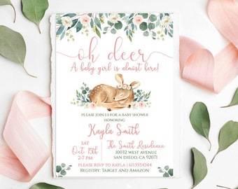 Woodland Baby Shower Invitation Girl, Deer Baby Shower Invitation floral, Girl Pink Deer Baby Shower Invite,Fawn Baby Shower greenery,PM045