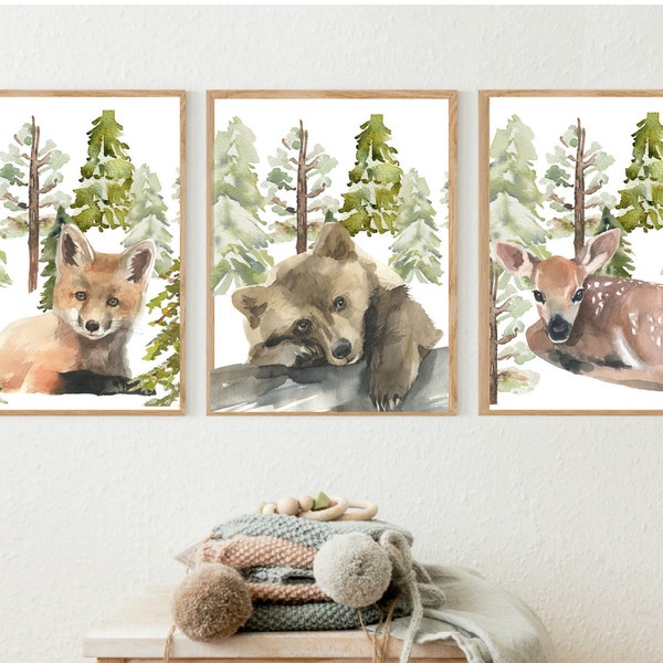 Boy Woodland Nursery Prints, Woodland Nursery Decor, Boy Wall Art, Boy Nursery Prints, Woodland Animal Prints, Digital or Printed