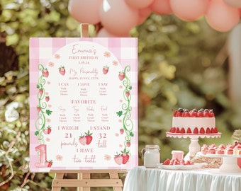 Berry First Birthday Milestone Sign Pink, Strawberry 1st Birthday Party Sign • INSTANT DOWNLOAD • Editable Template 16x20,Berry200