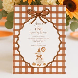 ONE Spooky Goose Editable Invitation. Cute Halloween Vintage Birthday Party. Fall Pumpkin Party invite Template. Goose201