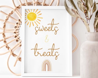 Boho Sunshine Sweets & Treats Sign , 1st Birthday Dessert Table Party Sign- INSTANT DOWNLOAD, First Trip Around The Sun party, SR001