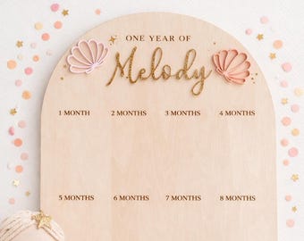 My First Year Mermaid Photo Sign | Personalized One Year Wooden Monthly Milestone Board, Under the Sea First Birthday Party, Seashell |11x17