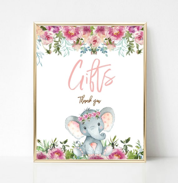 Elephant gift table sign, Printable Baby Shower Sign, pink baby shower, floral elephant, girl baby shower, PM003