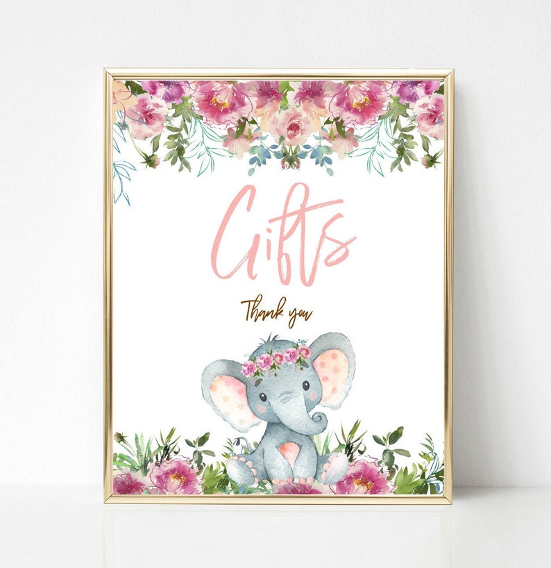 May include: A pink and white floral design with the word "Gifts" in pink script and the words "Thank you" in brown script. A gray elephant with pink polka dots and a pink floral crown sits in front of green leaves and pink flowers.